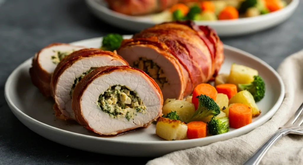 Keto Stuffed Pork Tenderloin Sliced keto stuffed pork tenderloin with spinach and mushroom filling, plated with roasted vegetables in a casual kitchen setting.