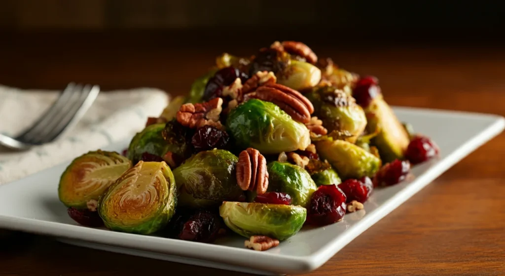 Keto Cranberry Pecan Brussels Sprouts Side-angle of roasted Brussels sprouts, pecans, and cranberries on a white plate, highlighting textures and colors.