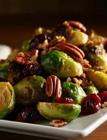 Keto Cranberry Pecan Brussels Sprouts Side-angle of roasted Brussels sprouts, pecans, and cranberries on a white plate, highlighting textures and colors.