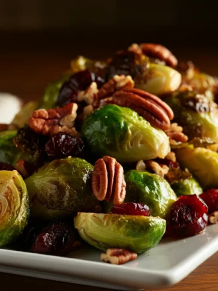 Keto Cranberry Pecan Brussels Sprouts Side-angle of roasted Brussels sprouts, pecans, and cranberries on a white plate, highlighting textures and colors.