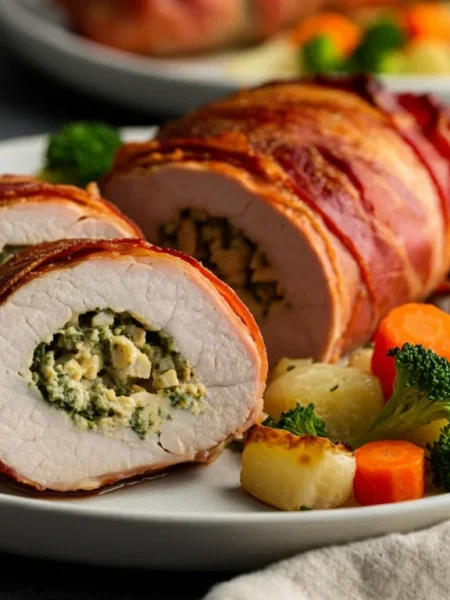 Keto Stuffed Pork Tenderloin Sliced keto stuffed pork tenderloin with spinach and mushroom filling, plated with roasted vegetables in a casual kitchen setting.