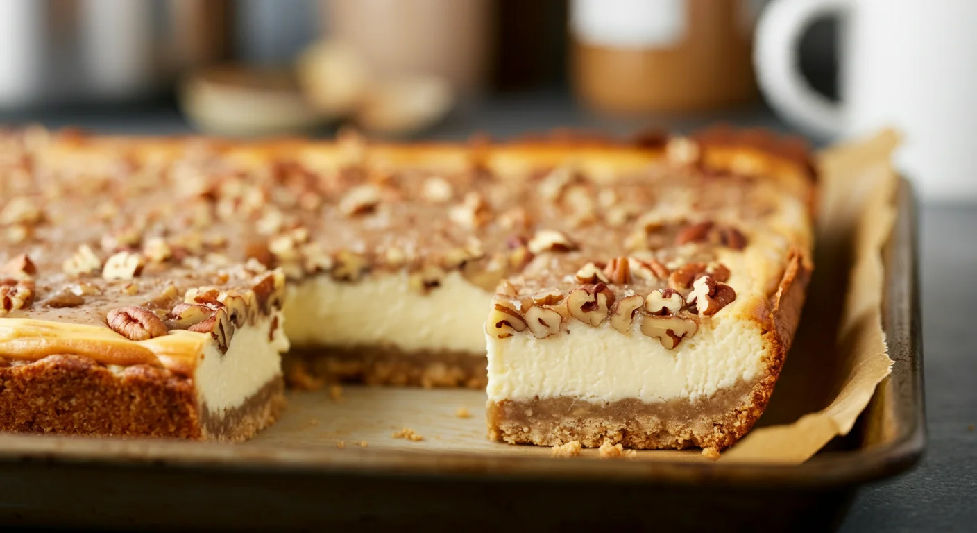 Keto Sugar-Free Pecan Cheesecake Bars Side view of Keto Pecan Cheesecake Bars on a tray, highlighting layers of crust and cheesecake, with a blurred kitchen background.