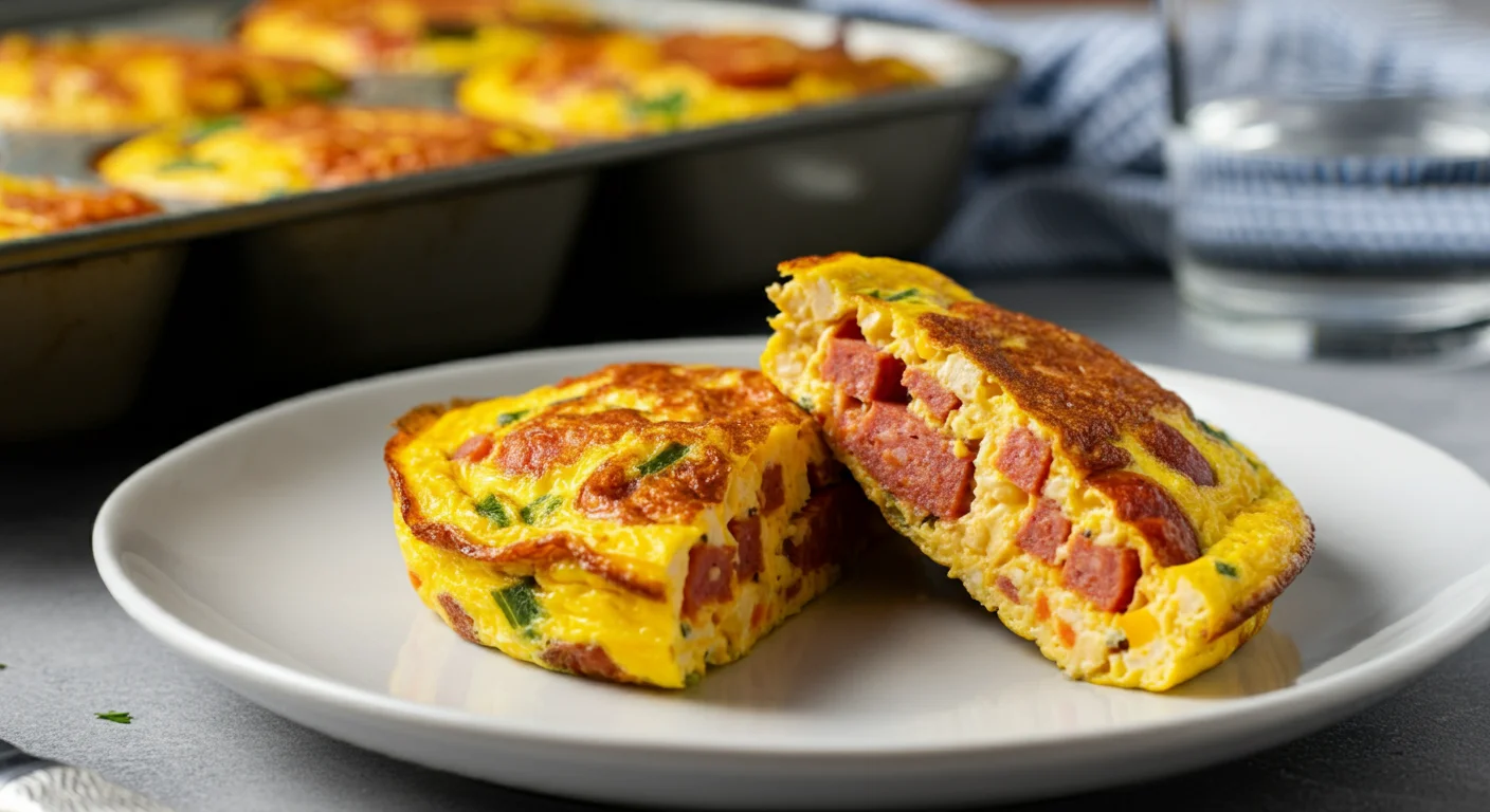 Keto Salami & Cheese Frittatas Close-up of a frittata on a white plate, cut open to reveal filling, with a glass of water and wooden spoon in the background.