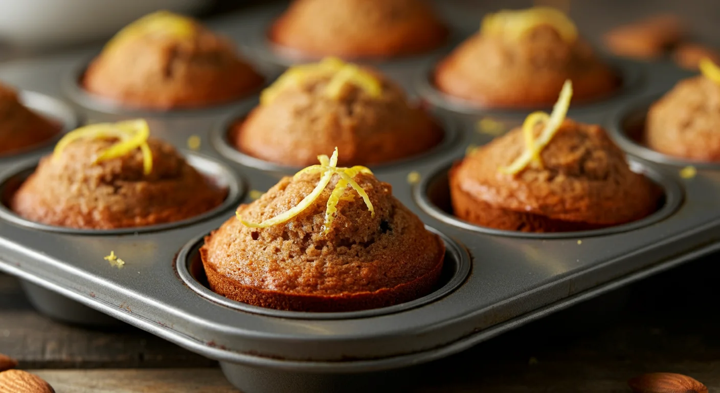 Keto Mini Fruit Cakes Freshly baked keto mini fruit cakes in a muffin pan, topped with lemon zest.