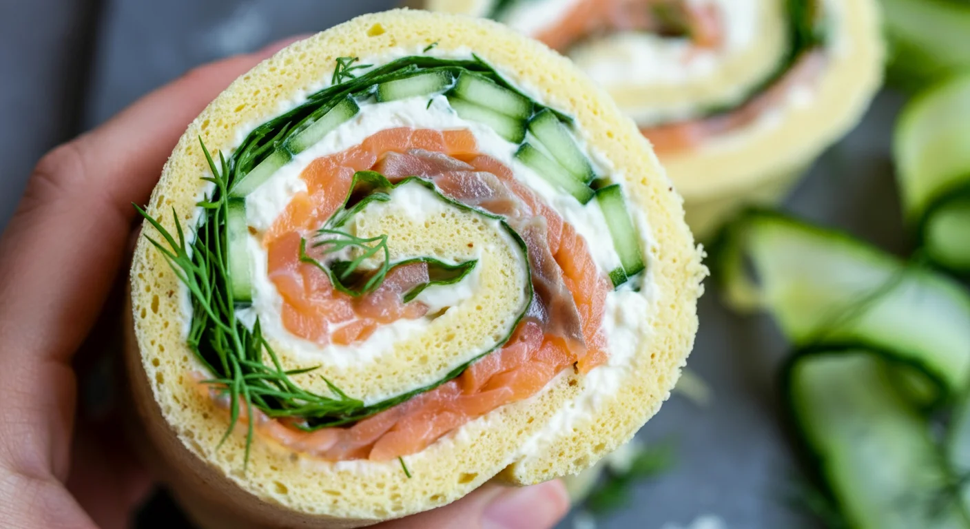 Keto Sandwich Swiss Roll Close-up of a keto sandwich Swiss roll slice, showing creamy cheese, smoked salmon, and avocado layers with scattered dill and cucumber ribbons nearby.