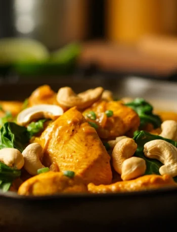 Handheld shot of Keto Coconut & Cashew Chicken Curry in a rustic wok with orange sauce, chicken, green vegetables, and cashew garnish.