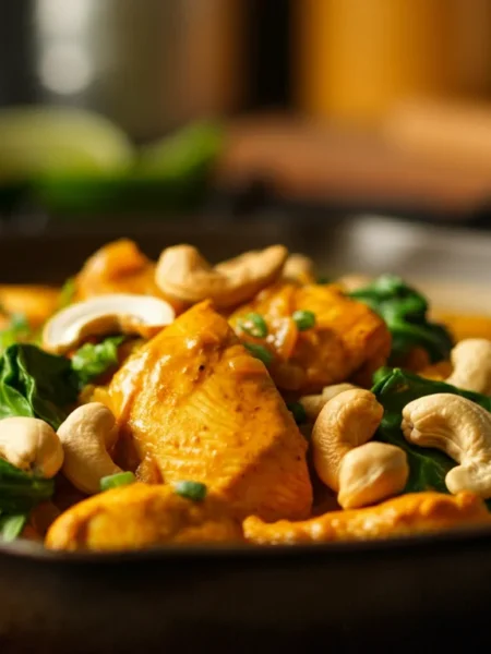 Handheld shot of Keto Coconut & Cashew Chicken Curry in a rustic wok with orange sauce, chicken, green vegetables, and cashew garnish.