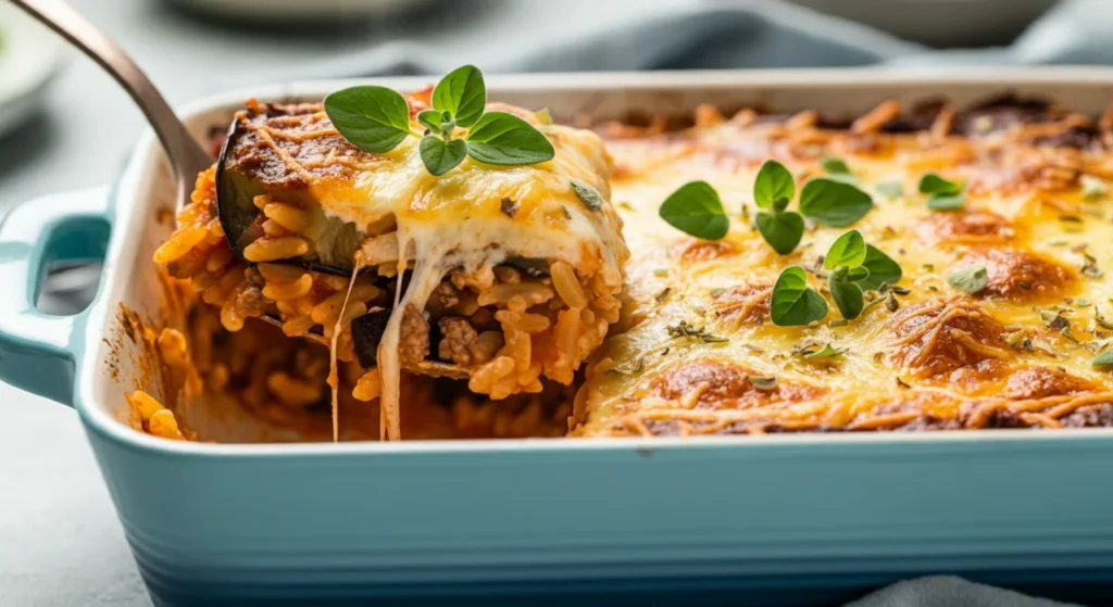 Keto Easy Moussaka Risoni Bake Close-up of Keto Moussaka Risoni Bake, showing layers of lamb, risoni, and eggplant under golden cheese, with a scooped-out portion visible.