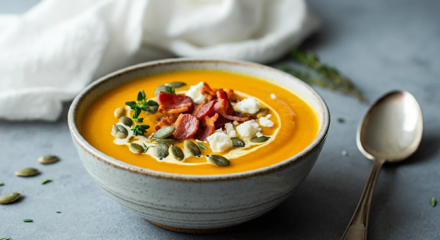 Keto Pumpkin Soup Side-angle handheld photo of keto pumpkin soup in a white bowl, garnished with bacon, feta, and thyme, with a spoon and napkin nearby.