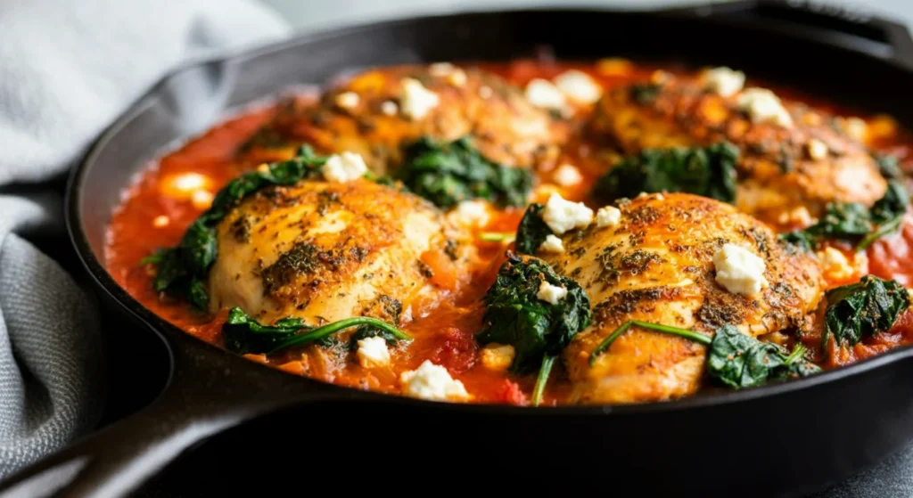 Keto Mediterranean Chicken Side-angle handheld shot of Keto Mediterranean chicken bake in a skillet, showing golden chicken, tomato sauce, spinach, and feta.