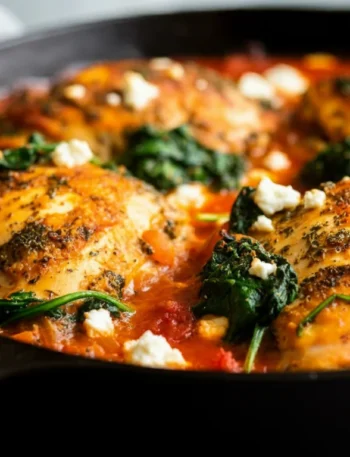 Keto Mediterranean Chicken Side-angle handheld shot of Keto Mediterranean chicken bake in a skillet, showing golden chicken, tomato sauce, spinach, and feta.