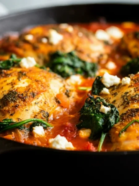 Keto Mediterranean Chicken Side-angle handheld shot of Keto Mediterranean chicken bake in a skillet, showing golden chicken, tomato sauce, spinach, and feta.