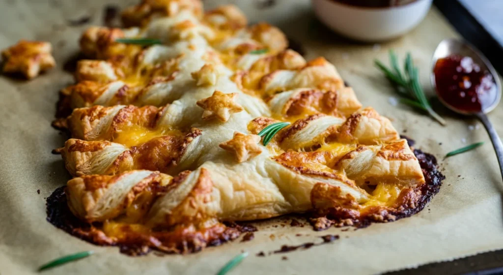 Keto Cheesy Puff Pastry Christmas Tree Golden Keto Cheesy Puff Pastry Christmas Tree with twisted branches, melted cheese, chili jam drizzle, and rosemary garnish on parchment paper.