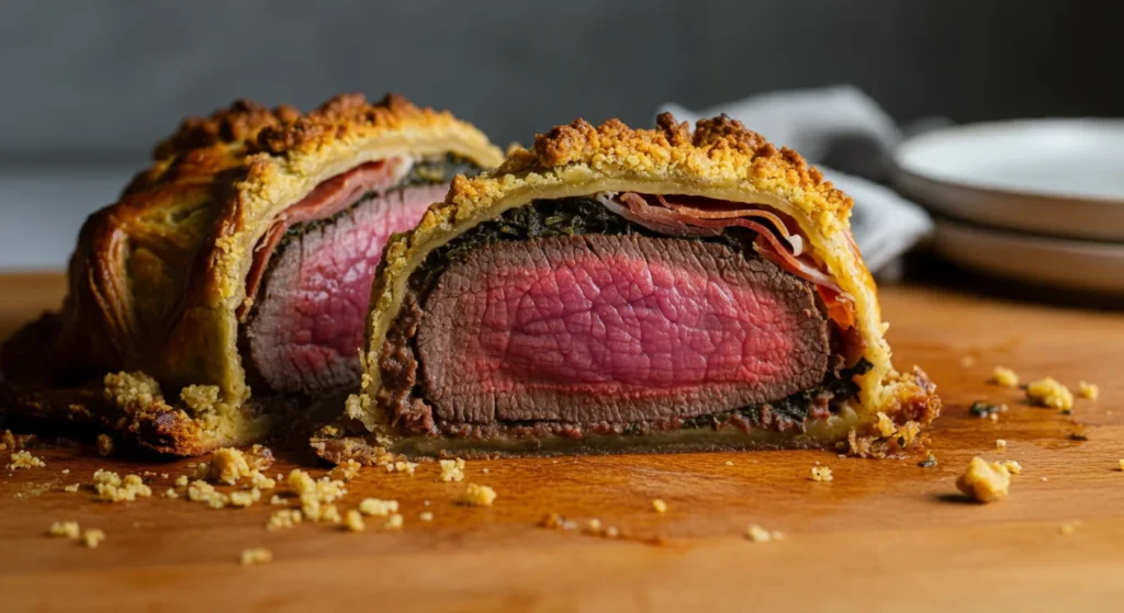 Keto Beef Wellington Side-angle handheld shot of sliced Keto Beef Wellington showing layers of crust, prosciutto, and medium-rare beef on a wooden countertop.