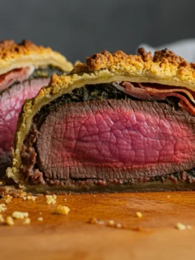 Keto Beef Wellington Side-angle handheld shot of sliced Keto Beef Wellington showing layers of crust, prosciutto, and medium-rare beef on a wooden countertop.