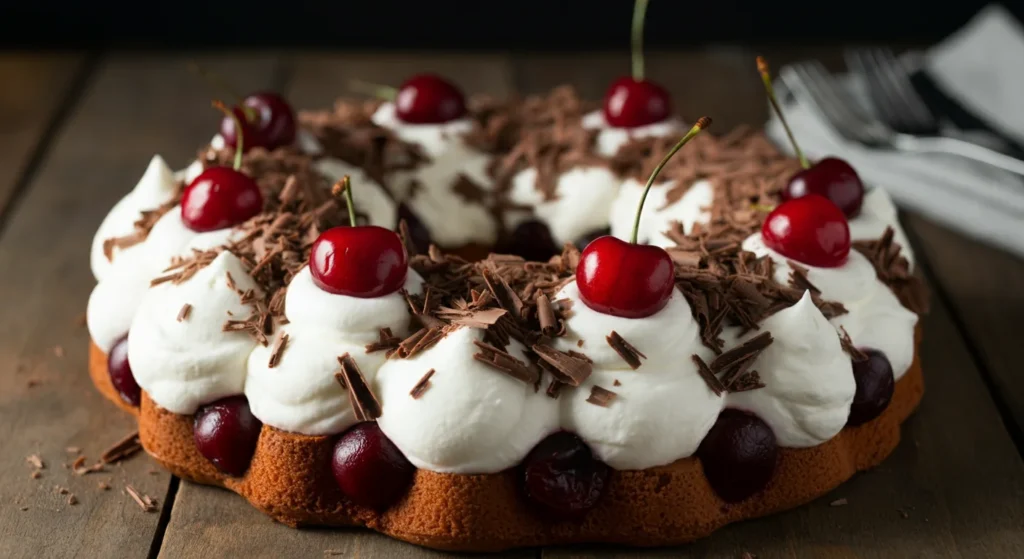 keto Easy Black Forest wreath Side-angle shot of a keto Black Forest wreath, highlighting layers of sponge rolls, cream, cherries, and chocolate shavings on a wooden table.