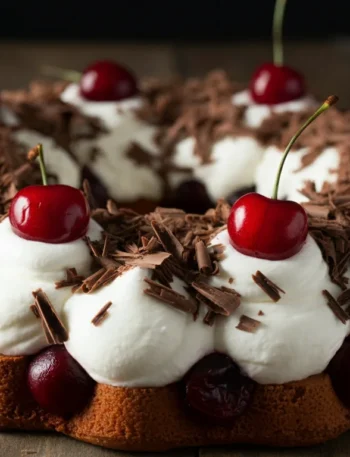 keto Easy Black Forest wreath Side-angle shot of a keto Black Forest wreath, highlighting layers of sponge rolls, cream, cherries, and chocolate shavings on a wooden table.