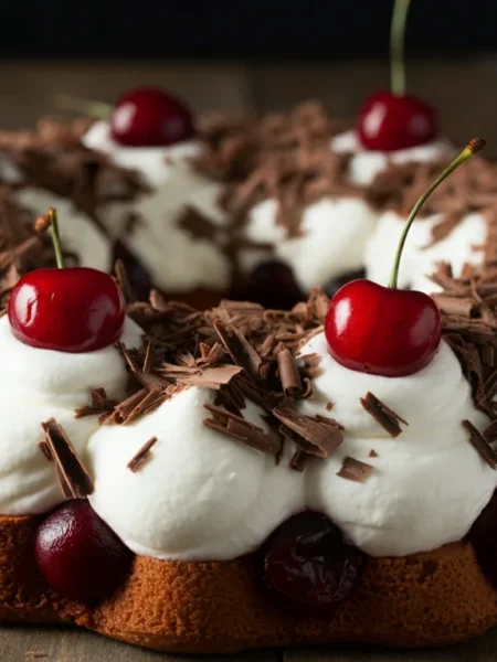 keto Easy Black Forest wreath Side-angle shot of a keto Black Forest wreath, highlighting layers of sponge rolls, cream, cherries, and chocolate shavings on a wooden table.