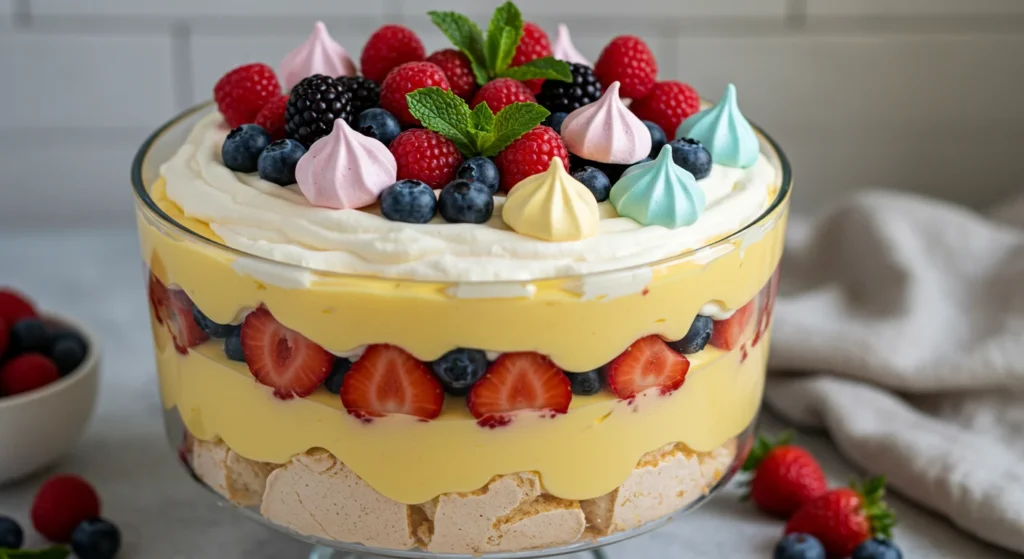 keto Christmas pavlova trifle Close-up of keto pavlova trifle from a side angle, highlighting layers of berries, custard, cream, and pastel meringue pieces.