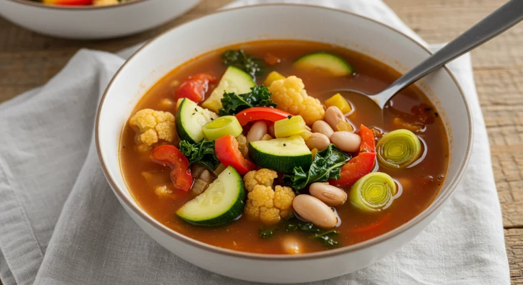 keto Quick vegetarian minestrone An overhead handheld shot of Keto Quick Vegetarian Minestrone with zucchini, carrots, bell peppers, kale, and lupini beans in a tomato broth, with a spoon resting inside the bowl.