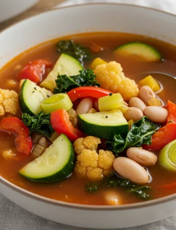 keto Quick vegetarian minestrone An overhead handheld shot of Keto Quick Vegetarian Minestrone with zucchini, carrots, bell peppers, kale, and lupini beans in a tomato broth, with a spoon resting inside the bowl.