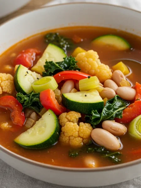 keto Quick vegetarian minestrone An overhead handheld shot of Keto Quick Vegetarian Minestrone with zucchini, carrots, bell peppers, kale, and lupini beans in a tomato broth, with a spoon resting inside the bowl.