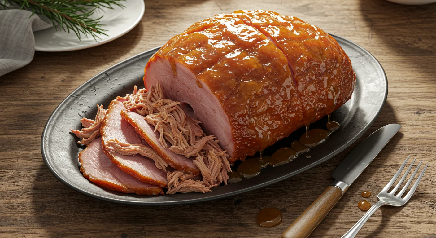 keto Slow cooker pulled maple Christmas ham The ham sits on a white platter with drips of glaze for a natural, home-cooked look.