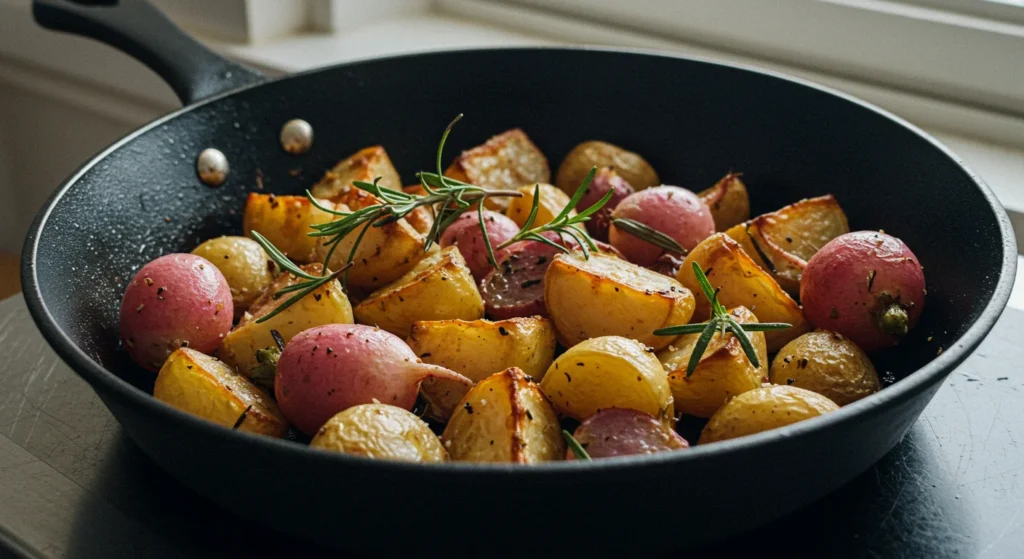 Keto Roast Potatoes Mobile shot of keto roast potatoes in a black skillet, highlighting their crispy texture with a blurred kitchen cloth and natural light in the background.