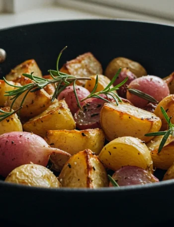 Keto Roast Potatoes Mobile shot of keto roast potatoes in a black skillet, highlighting their crispy texture with a blurred kitchen cloth and natural light in the background.