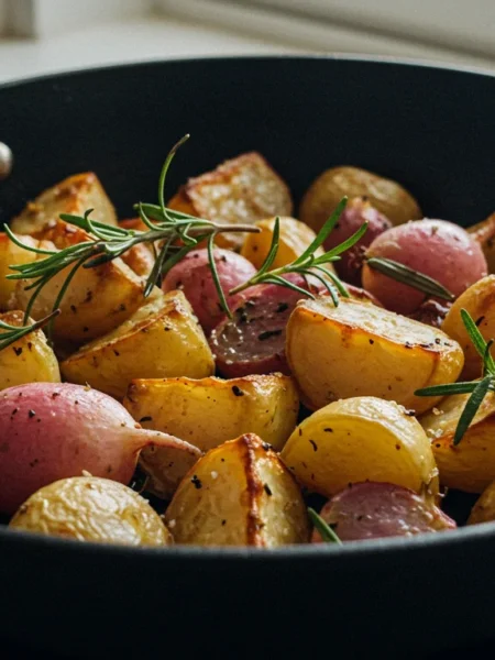 Keto Roast Potatoes Mobile shot of keto roast potatoes in a black skillet, highlighting their crispy texture with a blurred kitchen cloth and natural light in the background.