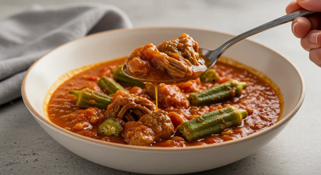 keto Lebanese lamb & okra stew Close-up of keto Lebanese lamb & okra stew with lamb chunks and okra in tomato sauce, with a hand holding a spoon over the bowl.