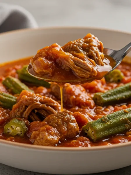 keto Lebanese lamb & okra stew Close-up of keto Lebanese lamb & okra stew with lamb chunks and okra in tomato sauce, with a hand holding a spoon over the bowl.