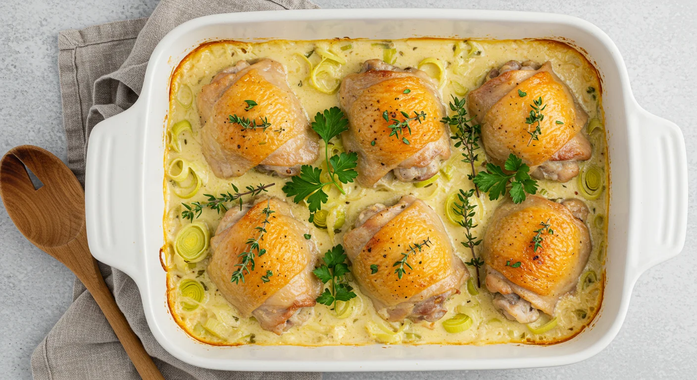 keto Chicken and leek casserole Top-down view of keto Chicken and Leek Casserole in a white dish with golden chicken thighs, creamy sauce, and parsley garnish.