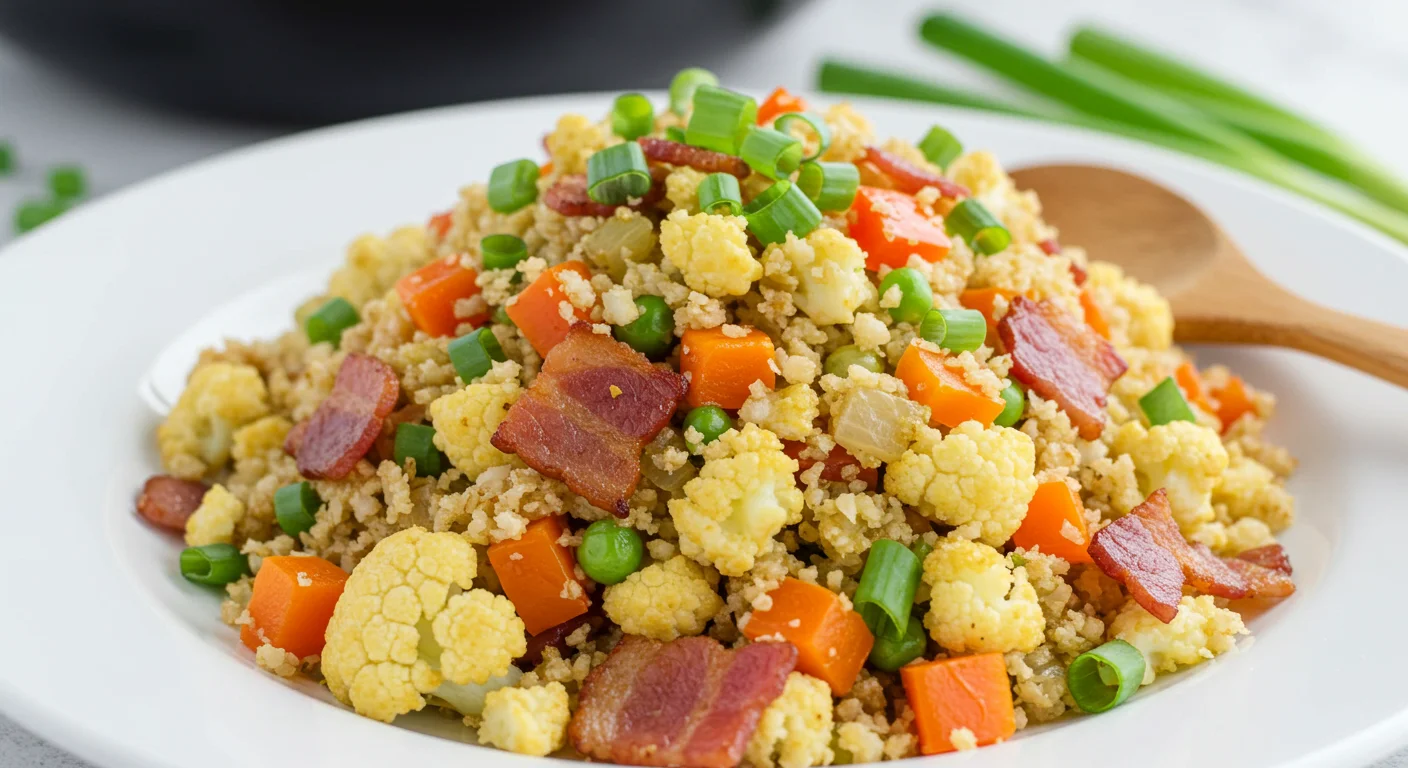 keto fried rice Close-up of keto fried rice on a white plate, highlighting cauliflower rice, bacon, and vegetables with natural lighting.