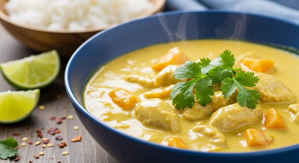 keto coconut & mango chicken curry Overhead view of keto coconut & mango chicken curry in a blue bowl, featuring golden sauce, chicken, and cilantro garnish on a rustic table.