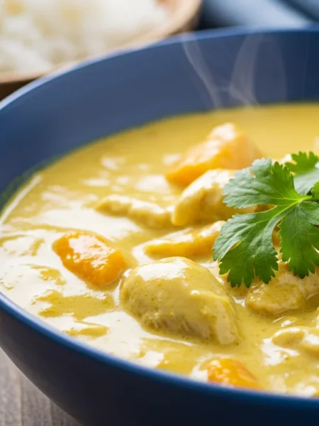 keto coconut & mango chicken curry Overhead view of keto coconut & mango chicken curry in a blue bowl, featuring golden sauce, chicken, and cilantro garnish on a rustic table.