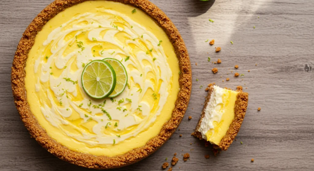 keto Mango labne cheesecake Top-down view of keto mango labneh cheesecake with mango swirls and lime zest on a rustic wooden surface with natural lighting.