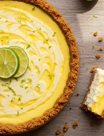 keto Mango labne cheesecake Top-down view of keto mango labneh cheesecake with mango swirls and lime zest on a rustic wooden surface with natural lighting.