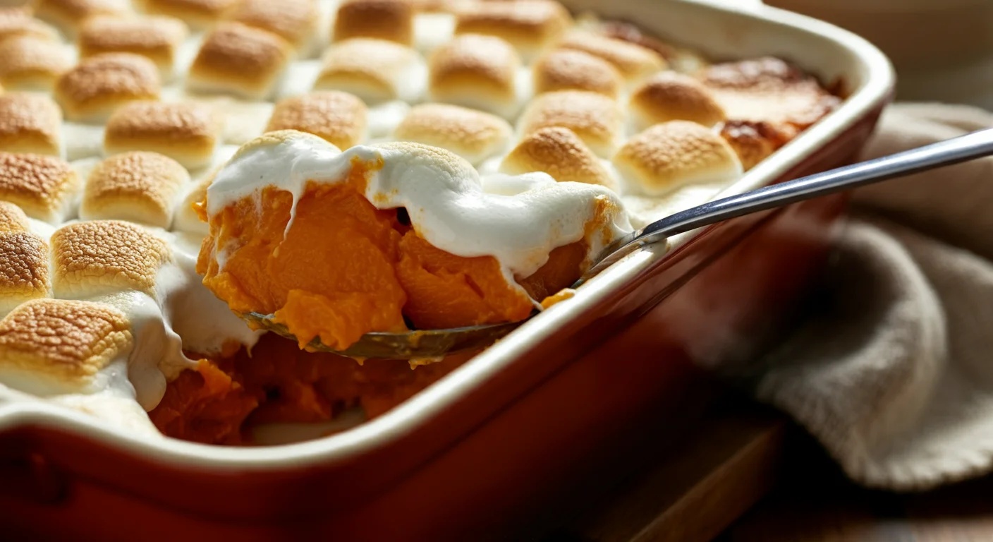 Candied Sweet Potatoes Close-up of Keto Candied Sweet Potatoes in a teal dish, showing toasted marshmallows and caramelized squash with a rustic background.