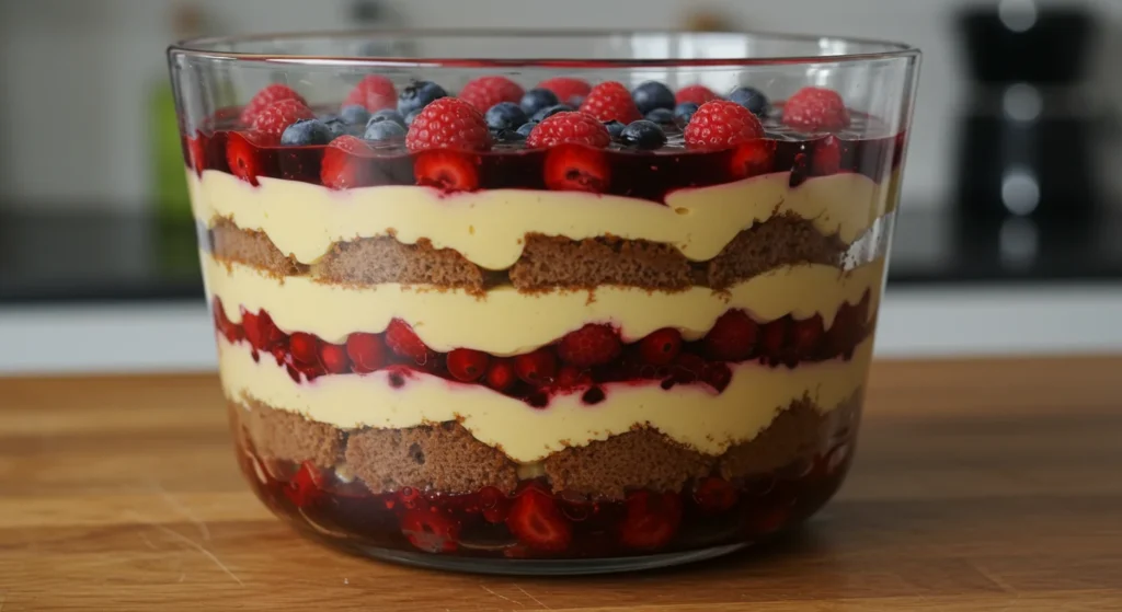 keto Diabetic-friendly trifle Side-angle of keto trifle in a glass bowl, showcasing colorful layers of custard, berries, and cake, with a blurred kitchen background.