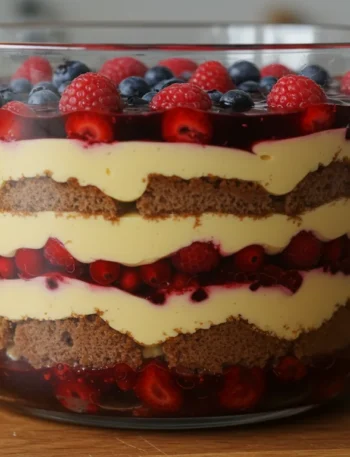 keto Diabetic-friendly trifle Side-angle of keto trifle in a glass bowl, showcasing colorful layers of custard, berries, and cake, with a blurred kitchen background.