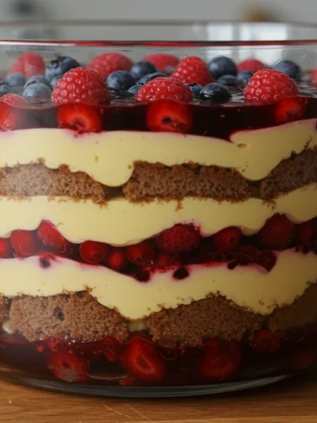 keto Diabetic-friendly trifle Side-angle of keto trifle in a glass bowl, showcasing colorful layers of custard, berries, and cake, with a blurred kitchen background.