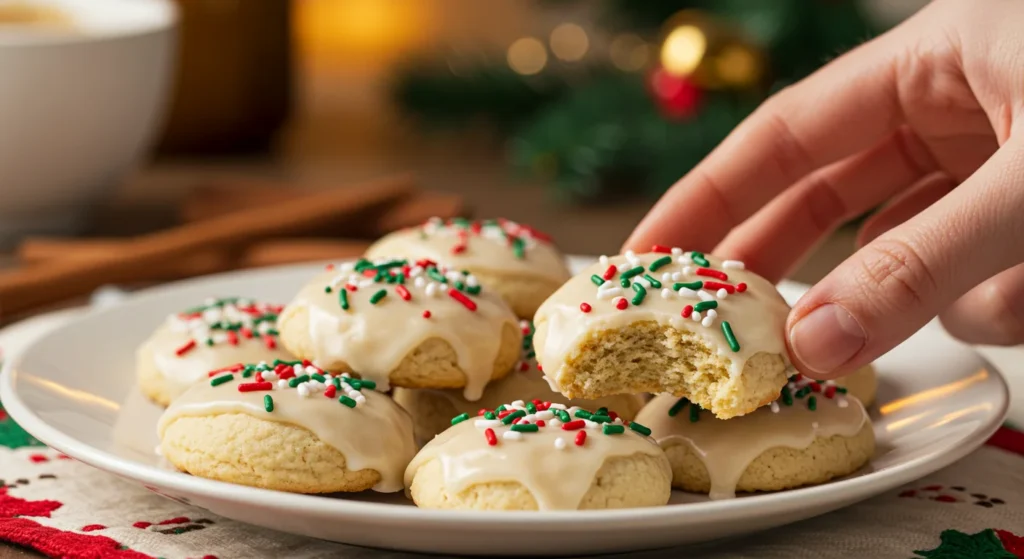 Keto Italian Christmas Cookies Close-up of keto Italian Christmas cookies with glaze and sprinkles on a plate, a hand reaching for one, with a cozy kitchen background.