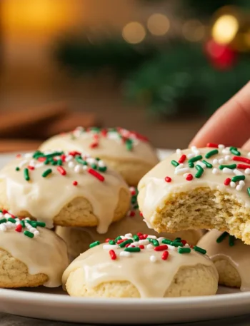 Keto Italian Christmas Cookies Close-up of keto Italian Christmas cookies with glaze and sprinkles on a plate, a hand reaching for one, with a cozy kitchen background.