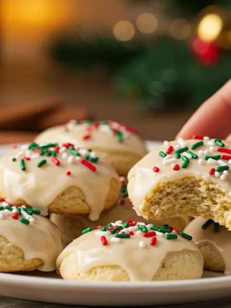 Keto Italian Christmas Cookies Close-up of keto Italian Christmas cookies with glaze and sprinkles on a plate, a hand reaching for one, with a cozy kitchen background.