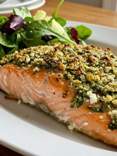 keto Charred herb and fetta salmon Side-angle view of golden keto charred herb and feta salmon on a white platter, highlighting its flaky texture and herb topping in natural lighting.