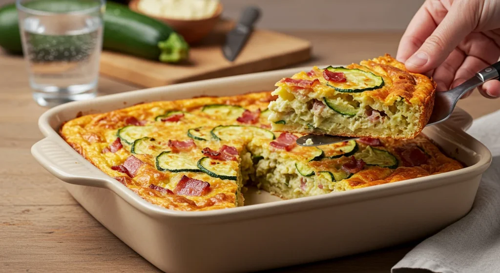 keto zucchini slice Side-angle photo of a baking dish with a slice of keto zucchini slice removed, showing a fluffy interior with zucchini, bacon, and cheese. Simple kitchen background.