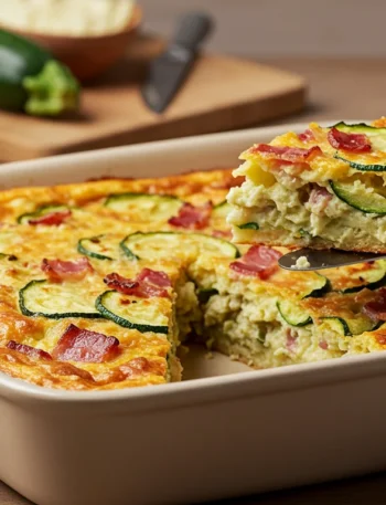 keto zucchini slice Side-angle photo of a baking dish with a slice of keto zucchini slice removed, showing a fluffy interior with zucchini, bacon, and cheese. Simple kitchen background.