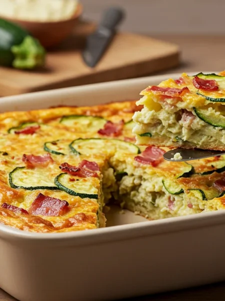 keto zucchini slice Side-angle photo of a baking dish with a slice of keto zucchini slice removed, showing a fluffy interior with zucchini, bacon, and cheese. Simple kitchen background.