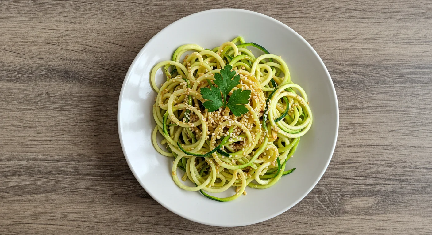 keto Zucchini Noodles Top-down view of keto zucchini noodles garnished with sesame seeds and parsley on a white plate, set on a wooden table.